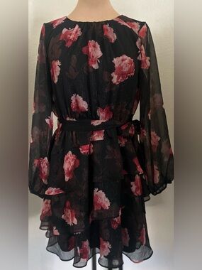 Simply Vera Vera Wang Black Chiffon Dress with Pink Rose Print
